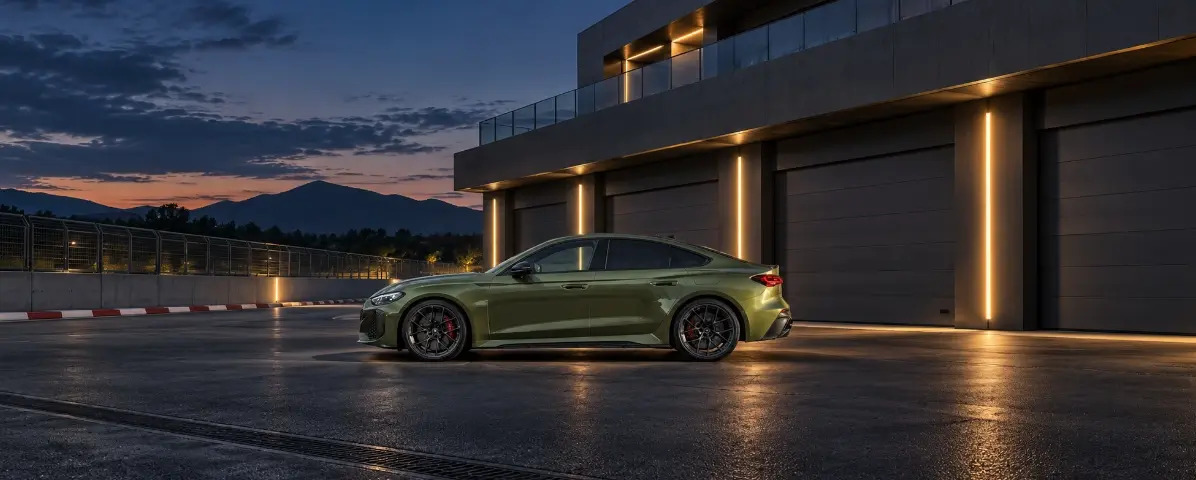 Audi RS5 Sedán en Superwagen Audi RS5 Sedán verde visto de perfil frente a un edificio al anochecer