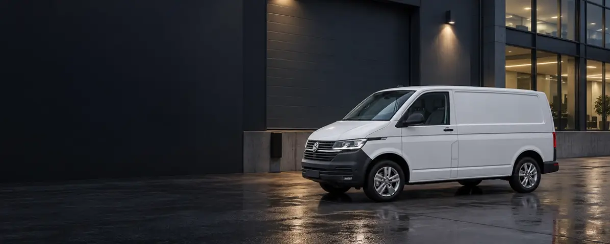 Volkswagen Transporter en Superwagen Volkswagen Transporter blanca aparcada frente a un edificio