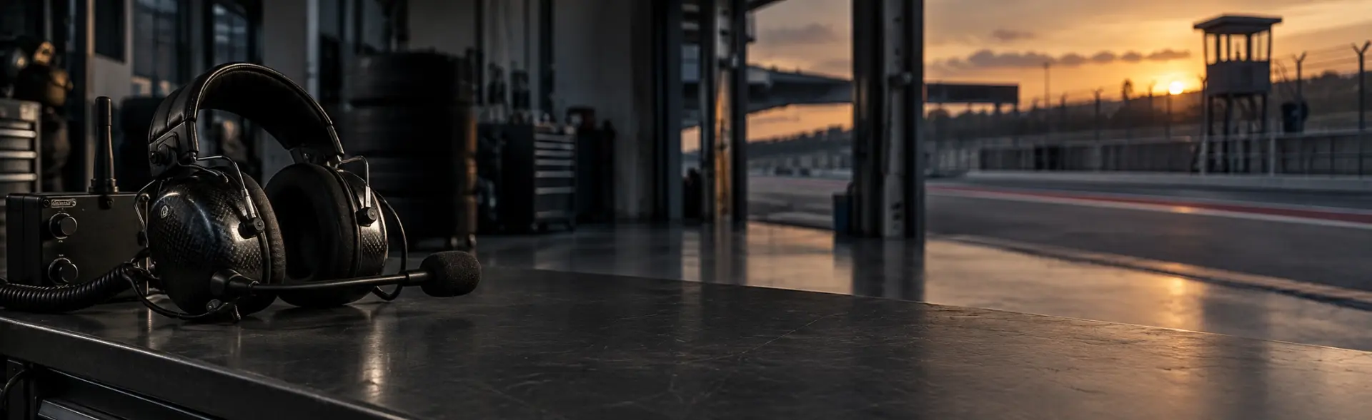 Contacta con Superwagen Auriculares con micrófono sobre una mesa en un box de circuito al atardecer