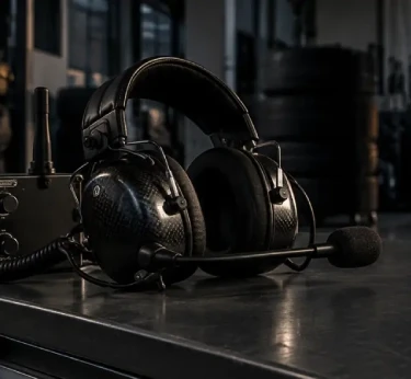 Contacta con Superwagen Auriculares con micrófono sobre una mesa en un box de circuito